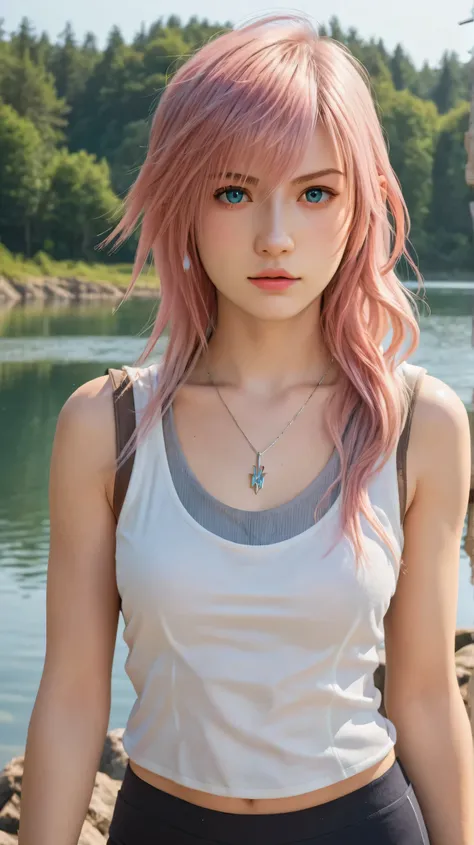 1girl, solo,lightning farron,blue eyes,pink hair,long hair,outdoors,potrait,forest,medium breast,(lake background:1.4),front view,final fantasy outfit, black glove,(close up:1.2),(wear tanktop:1.5),potrait,standing still,bike shorts