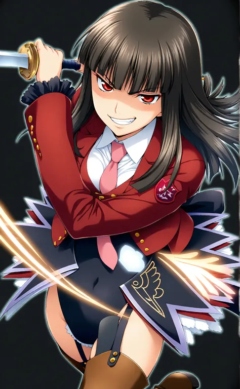 (Black Background:1.5), from above, fisheye, watch viewers, 1girl, solo, Lucifer, Stakes of Purgatory, long hair, dark haired, Bang, blunt Bang, red eyes, pink tie, white shirt, collared shirt, red jacket, long sleeve, ruffle sleeve, high leg leotard, Gart...