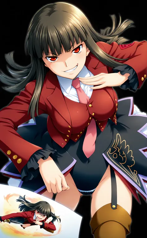 (Black Background:1.5), from above, fisheye, watch viewers, 1girl, solo, Lucifer, Stakes of Purgatory, long hair, dark haired, Bang, blunt Bang, red eyes, pink tie, white shirt, collared shirt, red jacket, long sleeve, ruffle sleeve, high leg leotard, Gart...