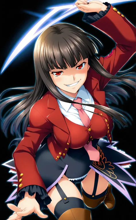 (Black Background:1.5), from above, fisheye, watch viewers, 1girl, solo, Lucifer, Stakes of Purgatory, long hair, dark haired, Bang, blunt Bang, red eyes, pink tie, white shirt, collared shirt, red jacket, long sleeve, ruffle sleeve, high leg leotard, Gart...