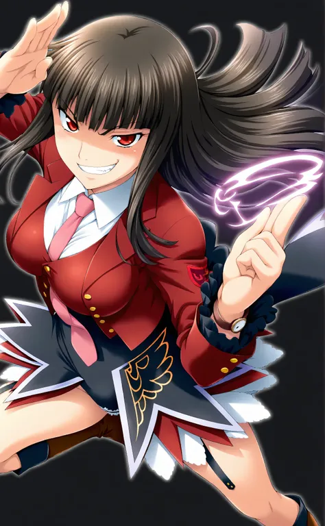 (Black Background:1.5), from above, fisheye, watch viewers, 1girl, solo, Lucifer, Stakes of Purgatory, long hair, dark haired, Bang, blunt Bang, red eyes, pink tie, white shirt, collared shirt, red jacket, long sleeve, ruffle sleeve, high leg leotard, Gart...