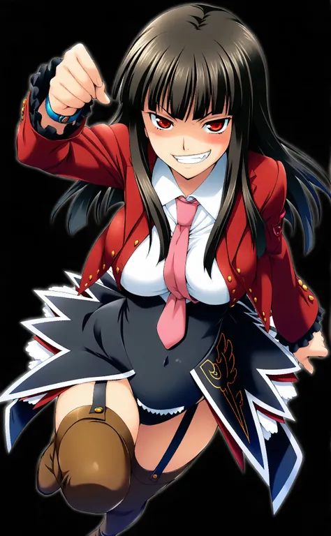(Black Background:1.5), from above, fisheye, watch viewers, 1girl, solo, Lucifer, Stakes of Purgatory, long hair, dark haired, Bang, blunt Bang, red eyes, pink tie, white shirt, collared shirt, red jacket, long sleeve, ruffle sleeve, high leg leotard, Gart...