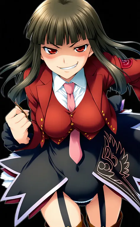 (Black Background:1.5), from above, fisheye, watch viewers, 1girl, solo, Lucifer, Stakes of Purgatory, long hair, dark haired, Bang, blunt Bang, red eyes, pink tie, white shirt, collared shirt, red jacket, long sleeve, ruffle sleeve, high leg leotard, Gart...