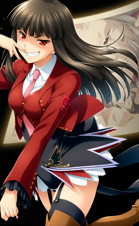 (Black Background:1.5), from above, fisheye, watch viewers, 1girl, solo, Lucifer, Stakes of Purgatory, long hair, dark haired, Bang, blunt Bang, red eyes, pink tie, white shirt, collared shirt, red jacket, long sleeve, ruffle sleeve, high leg leotard, Gart...