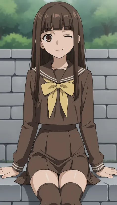 score_9, score_8_up, score_7_up, source_anime, anime screenshot, outdoor, front view
1girl, solo, one eye closed, brown hair, brown eyes, Haruhi, long hair, brown school uniform outfit, yellow details on uniform, brown blouse, long sleeves, yellow ribbon, ...