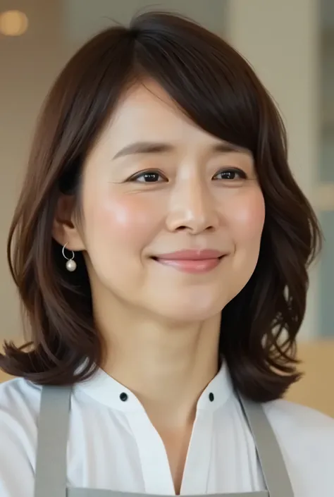 mature women, (Ｖneck shirt、Slit Skirt、Light Grey Apron、)、 (   Detailed Description of Hair ), (    face ), (detailed body description ), High Quality , masterpiece,  最High Quality ,  Very Detailed: 1.4), ( realistic : 1.2, 超 realistic な: 1.1,  realistic: 1...