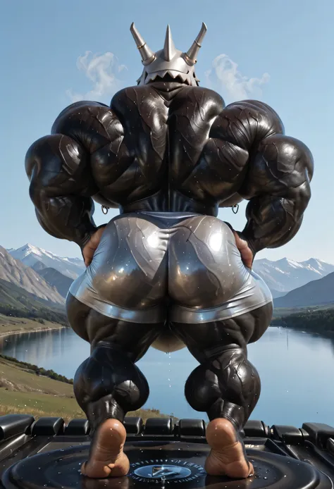 (((by 00b00b43, by morph, by w0lfc0nf))), (((Huge Adult Male muscular bara Furry Anthro Aggron, Aggron from Pokémon, Pokémon Aggron))), (((Solo:2))), (((Position(facing away, both hands are on his hip, standing)))), (((looking at you, extreme low-angle sho...