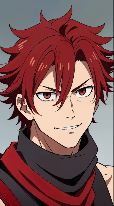(high-quality, breathtaking),(expressive eyes, perfect face) 1boy, male, solo, age 18, teenager age, masculine face, red color hair, red eye color, spiky fluffy hair, short hair length, messy loose hair, red and black sleeveless armor, red trim, greek god,...