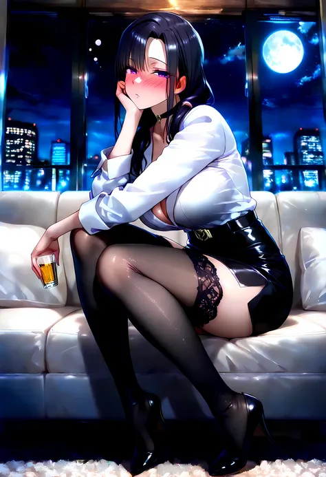 (masterpiece, best_quality:1.2), Miyajima Tsubaki, 1girl, solo, mature female, purple eyes, (White jacket, black skirt, black belt, sheer black lace stockings, black choker), beautiful eyes, female focus, Looking at viewer, Want to kiss, drunk, blush, prou...