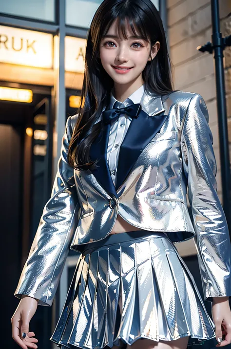 (super cute young face:1.2),(Very beautiful cute girl), (sparking crystal clear attractive large eyes:1.2), Beautiful eyes, Detailed double eyelids, (smiling), (realistic photograph:1.2), long straight hair,white blouse,
(Super Shiny Metallic dark Blue Bl...