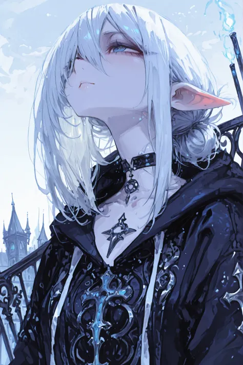 Extremely detailed digital illustration, portrait of Melna Nightblossom, a beautiful drow elf woman. Her skin is an ethereal, moonlit pale, contrasting sharply with her long, straight, pristine white hair tied in a simple ponytail that flows down. Her eyes...