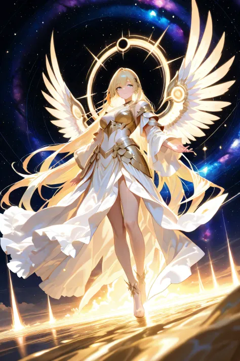 inside a giant spiral galaxy, an angelic woman glides gracefully on a star's arm. their wings shine in constellations, each feather is a small galaxy. they wear elegant armor made of rainbow-colored meteorites, their faces are gentle and sacred. behind the...