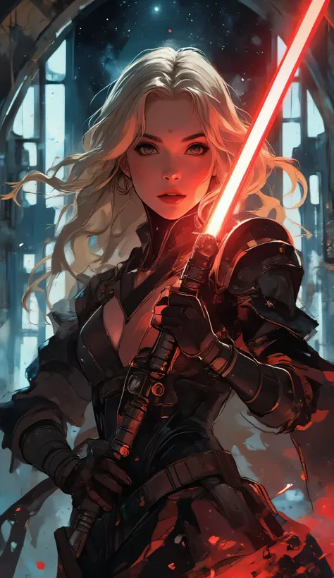 (score_9, score_8_up, ((highest quality)), ((masterpiece)), perfect anatomy, ultra-detailed, 8k, cinematic, sci-fi fantasy, Star Wars aesthetic)

Una guerriera Sith femminile, iper-dettagliata, con lunghissime trecce bianche fluenti. Pelle chiara, corpo sn...