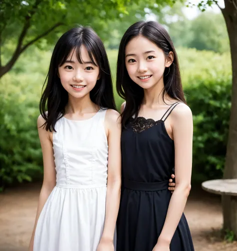 2 cute girls,((Highest Quality)),park where the nipples are almost visible,((Photo Quality)),(Slim:1.5),(detail),Tiny Chest,narrow shoulder width,perfect face,Tank Dress ,ruffle dress,(skinny:1.3),(smile:0.5)
