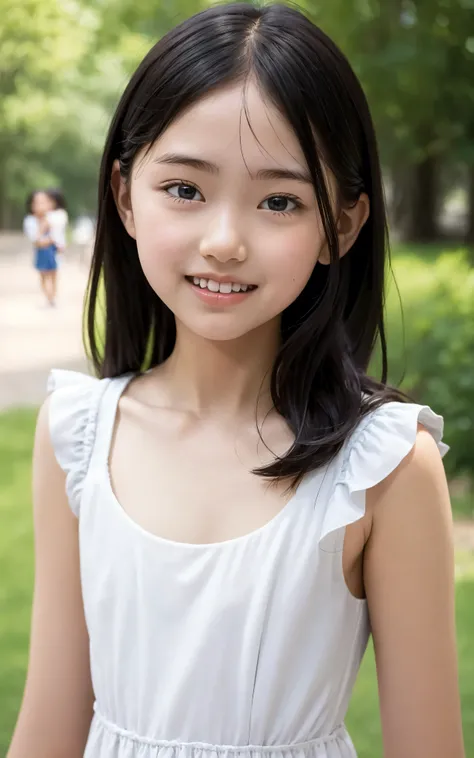 8 years old,2 cute girls,((Highest Quality)),park where the nipples are almost visible,((Photo Quality)),(Slim:1.5),(detail),Tiny Chest,narrow shoulder width,perfect face,Tank Dress ,ruffle dress,(skinny:1.3),(smile:0.5)