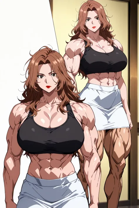 score 9 , score 8 up, score 7 up, source anime, 傑作, best quality, best image quality, best resolution, anime coloring, anime screencap, anime screenshot, 1woman, Close-up of a woman with long brown hair, muscular and strong, make up, messy hair, lipstick, ...