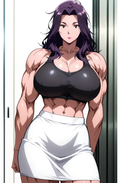 score 9 , score 8 up, score 7 up, source anime, 傑作, best quality, best image quality, best resolution, anime coloring, anime screencap, anime screenshot, 1woman, Close-up of a woman with long purple hair, muscular and strong, makeup, messy hair, lipstick, ...
