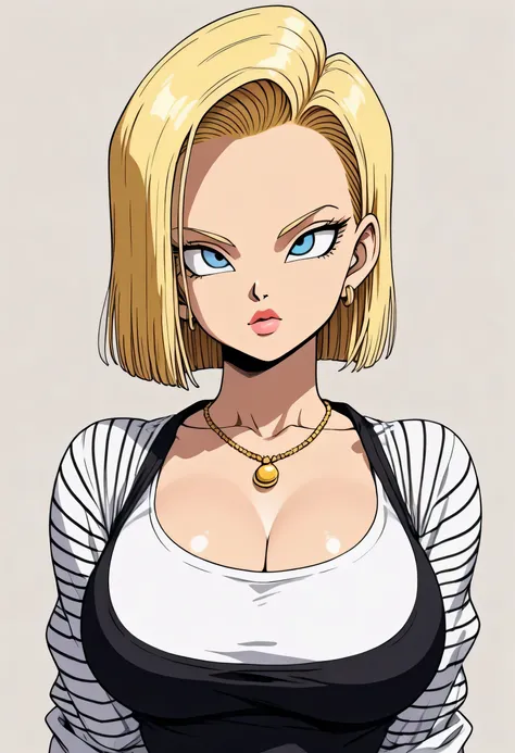 (simple background), android 18, (1girl), short hair, blonder hair, big eyes, blue eyes, lips, lipstick, large breasts, necklace, standing