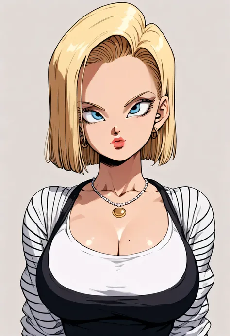 (simple background), android 18, (1girl), short hair, blonder hair, big eyes, blue eyes, lips, lipstick, large breasts, necklace, standing