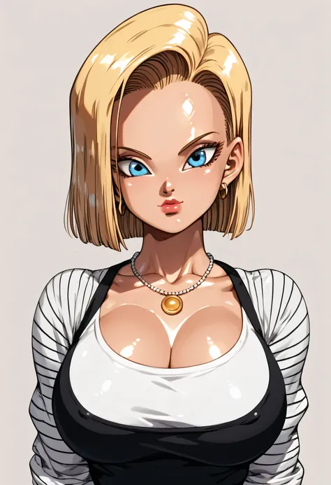 (simple background), android 18, (1girl), short hair, blonder hair, big eyes, blue eyes, lips, lipstick, large breasts, necklace, standing, (((shiny skin))), (((glossy skin)))