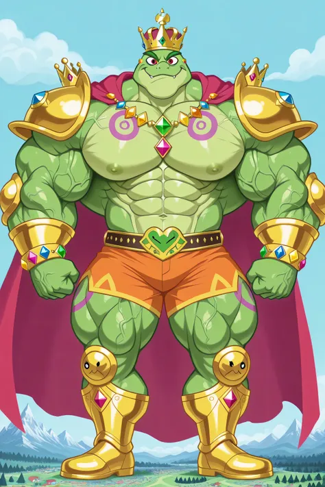 A green giant cartoon 2d frog king, gigantic chin, biggest muscular body, ginomous biceps enormous pectorals, detailed abs, golden armor with colorful jewels, golden bracelets with colorful jewels, golden necklaces with colorful jewels, golden chest with c...