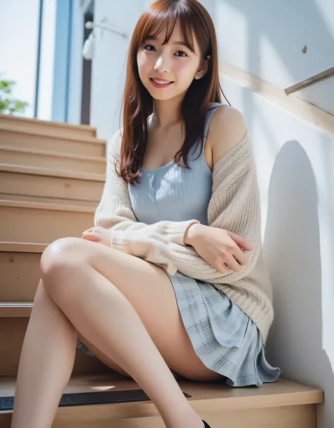 1girl, NSFW, masterpiece, ultra-high definition, ultra-realistic, Japanese high school girl, round face, saggy eyes, cute, translucent white skin, pathologically white skin, very fine skin, slim, D cup, half-twin, flirty hair, (sitting with one leg over th...