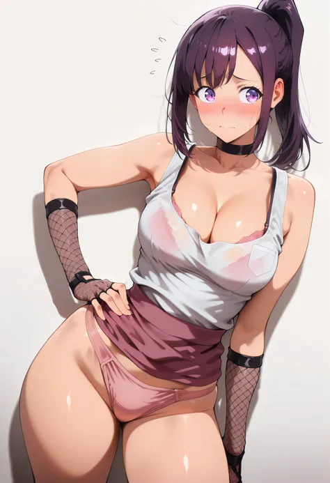 masterpiece, best quality, amazing quality, 1girl, solo,
purple hair, purple eyes, high ponytail,
Forearm gloves, fingerless gloves, pink panties, tank top, choker, fishnet gloves, shiny skin, shiny hair, shiny body, clear body,
standing, hand on own hip...