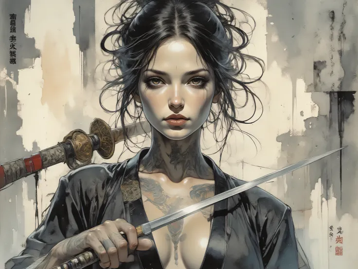 score_9, score_8_up, score_7_up, score_6_up,
fusion of watercolors and oil paintings, mix of monochrome and color, black ink, a sexy woman with a focused expression, holding a katana. Her hair is styled  in a messy bun, and she has light skin with freckles...