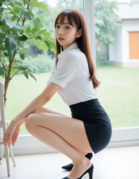 A pretty Japanese woman is squatting on a chair in the middle of a bright, airy room. She has a slim figure, large breasts, and a large, sexy buttocks. She is wearing a white, short-sleeved, collared shirt, very tight shorts with a high waistline, a tight,...