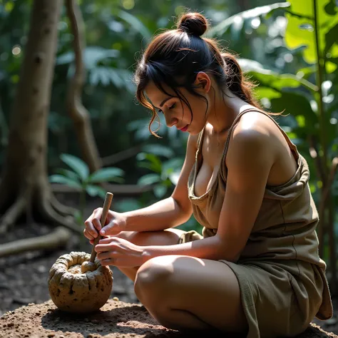 Stone prehistoric age era,
Primitive civilization age era,
((Realistic cinematography intense realistically ultra-detailed deep tropical forest angle of scenery)),((realistically primitive female scluptor)),the detailed of a female sclupting a wood with...