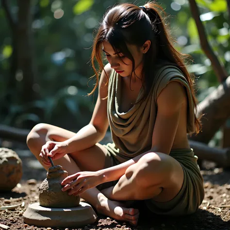Stone prehistoric age era,
Primitive civilization age era,
((Realistic cinematography intense realistically ultra-detailed deep tropical forest angle of scenery)),((realistically primitive female scluptor)),the detailed of a female sclupting a wood with...