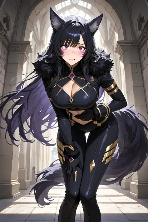 delta, purple eyes, purple facial mark,  black hair, long hair, facial mark, wolf ears,black bodysuit, long sleeves, cleavage cutout, gold trim, navel, black pants, black gloves, fur trim, tail,

Solo, general, masterpiece, highres, ultra-detailed, hyper-d...
