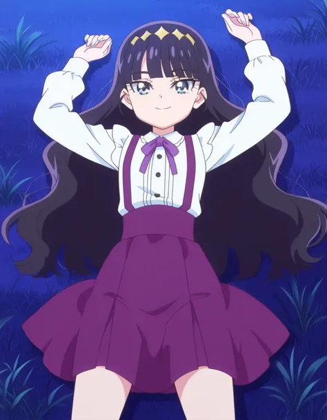 Amane, dark violet hair, long_hair, wavy hair blue_eyes, hair_ornaments, small_breasts, blunt bangs, anime screencap, white shirt, purple skirt, suspenders, high quality, solo, lying, on back, arms up, legs apart, closed mouth, grass, cowboy shot, medium ...
