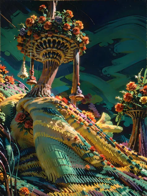 A woman stands confidently in a luxurious, strapless gown, intricately crafted from deep navy fabric adorned with vivid red roses. The fitted bodice is accentuated with an off-the-shoulder design featuring sheer lace sleeves that end in elegant bell shapes...