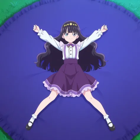 Amane, dark violet hair, long_hair, wavy hair blue_eyes, hair_ornaments, small_breasts, blunt bangs, anime screencap, white shirt, purple skirt, suspenders, high quality, solo, lying, on back, arms up, legs apart, closed mouth, grass, full body, medium sh...
