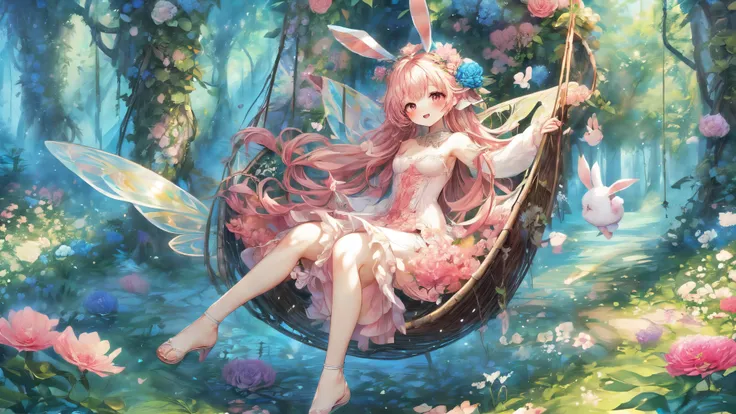 (Highest Quality, Super Detailed:1.5), 8k,(one girl), (Elf Girl with Rabbit Ears:1.5),Platinum Blonde Hair, very long hair, round eyes,(Rabbit Ears Grow:1.5), ( RED Beautiful Eyes :1.5), full body, raise arms back, small breasts,(Beautiful Vines and Flow...