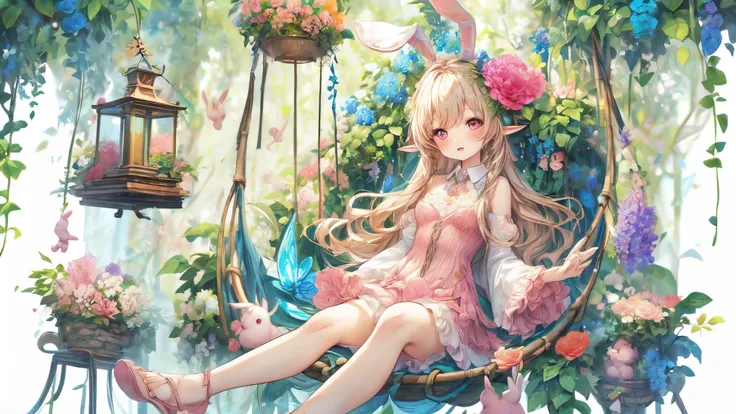 (Highest Quality, Super Detailed:1.5), 8k,(one girl), (Elf Girl with Rabbit Ears:1.5),Platinum Blonde Hair, very long hair, round eyes,(Rabbit Ears Grow:1.5), ( RED Beautiful Eyes :1.5), full body, lifting arms back, small breasts,(Beautiful Vines and Flow...