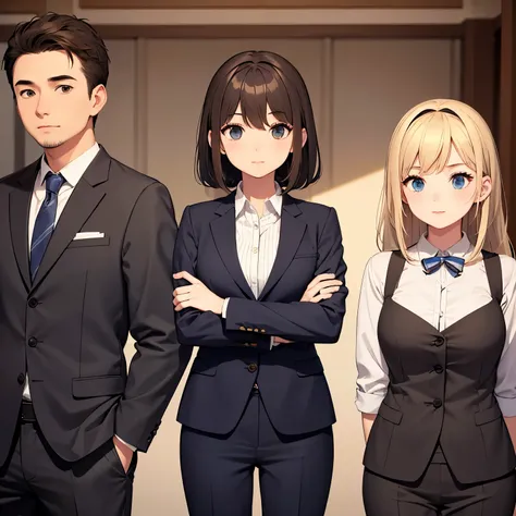 1girl ,2boys in business suit, (sandwiched:1.1), masterpiece, best quality, highly detailed ,standing