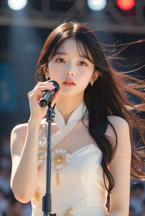 (masterpiece, best quality:1.2), cowboy shot, solo, 1girl, an innocent and beautiful Korean, Singing while holding a stand microphone, Black and long hair fluttered in the wind, A thin white sleeveless dress with gold embroidered traditional patterns, band...