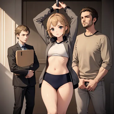 1girl wearing a black gymnastics bloomers,2boys in business suit, (sandwiched:1.1), masterpiece, best quality, highly detailed ,sword,armor,standing