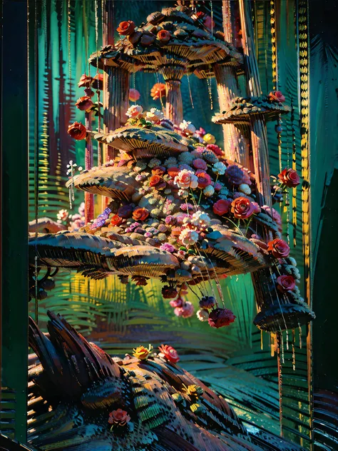 An extremely colorful oil painting style artwork. A woman stands confidently in a luxurious, strapless gown, intricately crafted from deep navy fabric adorned with vivid red roses. The fitted bodice is accentuated with an off-the-shoulder de...