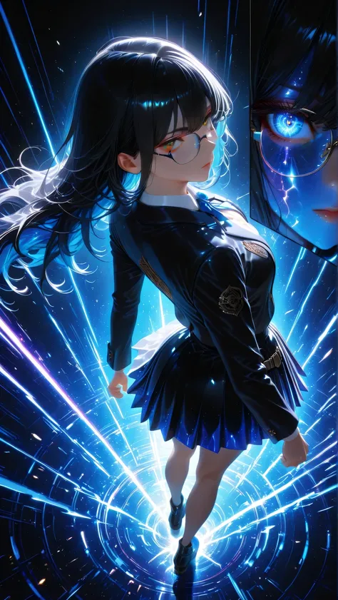 (Glasses high school girl uniform style dynamic exciting skirt White Pannier long black hair The color inside is blue Speed Line,Action Poses , dynamicアングル , close-up , from above , nicely )、
high resolution , light/Dark Method , Highly Detailed ,...