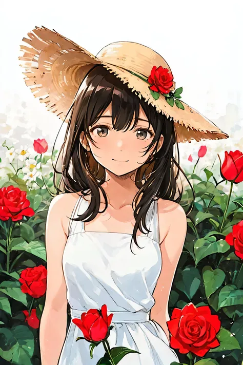 1girl,bangs,bare arms,bare shoulders,breasts,brown eyes,brown hair,collarbone,dress,flower,flower field,hat,ivy,leaf,long hair,looking at viewer,pink flower,pink rose,plant,potted plant,purple flower,red rose,rose,sleeveless,sleeveless dress,smile,solo,sun...