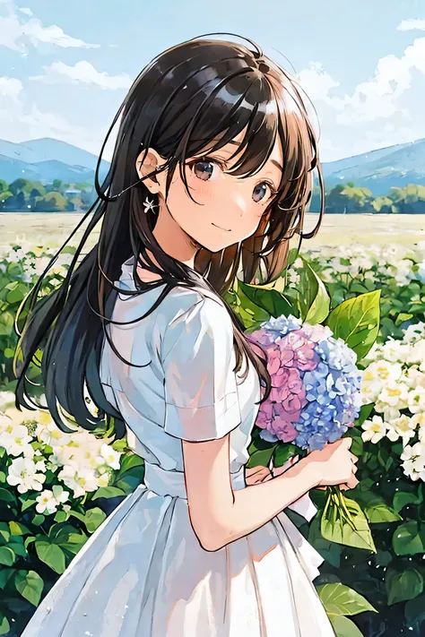 1girl,bangs,blue dress,blue skirt,blush,bouquet,brown eyes,brown hair,dress,eyebrows visible through hair,field,flower,flower field,from side,holding,holding bouquet,hydrangea,leaf,lily \(flower\),long hair,looking at viewer,looking back,outdoors,pink flow...