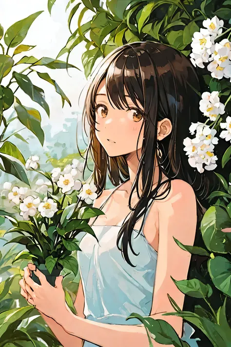 girl,bamboo,bangs,bare arms,bare shoulders,black hair,blush,branch,brown eyes,brown hair,collarbone,dress,flower,flower pot,grass,green wings,holding,holding leaf,ivy,jungle,ladybug,leaf,lily \(flower\),lily of the valley,lily pad,long hair,morning glory,p...