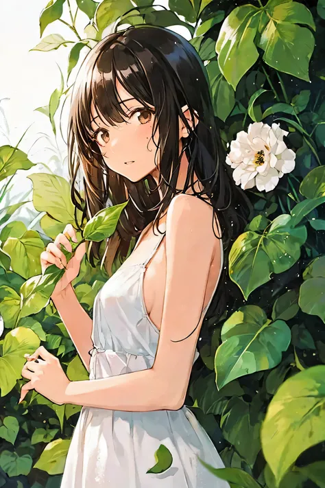girl,bamboo,bangs,bare arms,bare shoulders,black hair,blush,branch,brown eyes,brown hair,collarbone,dress,flower,flower pot,grass,green wings,holding,holding leaf,ivy,jungle,ladybug,leaf,lily \(flower\),lily of the valley,lily pad,long hair,morning glory,p...