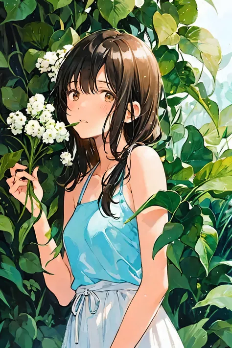 girl,bamboo,bangs,bare arms,bare shoulders,black hair,blush,branch,brown eyes,brown hair,collarbone,dress,flower,flower pot,grass,green wings,holding,holding leaf,ivy,jungle,ladybug,leaf,lily \(flower\),lily of the valley,lily pad,long hair,morning glory,p...