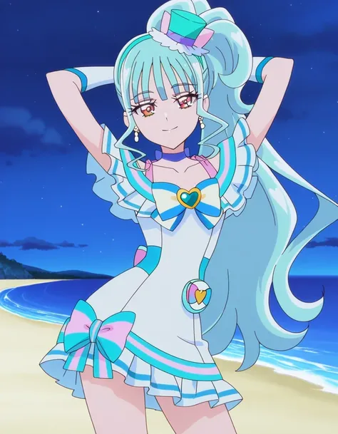 Cure Lillian, light blue hair, very_long_ponytail, wavy hair, purple_eyes, multicolored eyes, small_breasts, earrings, mini hat, hair_ornaments, bangs, light blue precure costumes, anime screencap, high quality, solo, night sky, beach, arms behind head, ((...