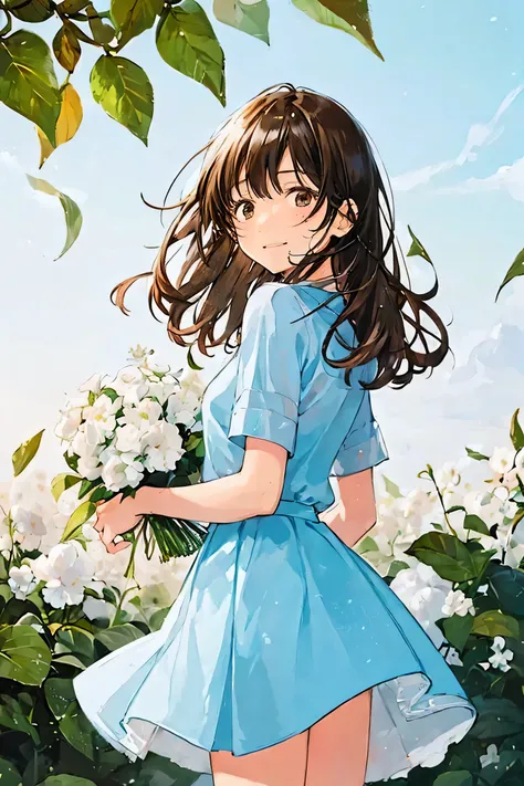 1girl,bangs,blue dress,blue skirt,blush,bouquet,brown eyes,brown hair,dress,eyebrows visible through hair,field,flower,flower field,from side,holding,holding bouquet,hydrangea,leaf,lily \(flower\),long hair,looking at viewer,looking back,outdoors,pink flow...