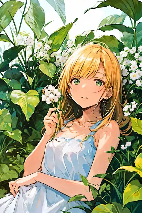 girl,bamboo,bangs,bare arms,bare shoulders,black hair,blush,branch,brown eyes,brown hair,collarbone,dress,flower,flower pot,grass,green wings,holding,holding leaf,ivy,jungle,ladybug,leaf,lily \(flower\),lily of the valley,lily pad,long hair,morning glory,p...